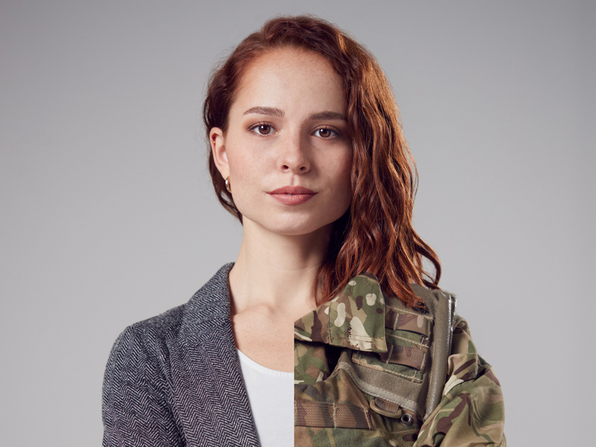 woman wearing half military half suit