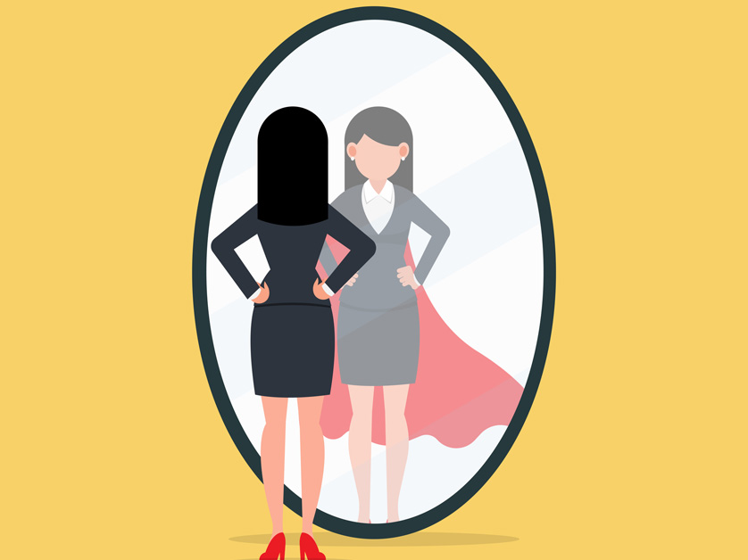 cartoon of business woman standing in front of mirror superwoman