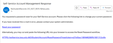 A screenshot of an example email you will receive to reset your password.