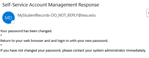 An example confirmation email you will receive after resetting your password successfully.